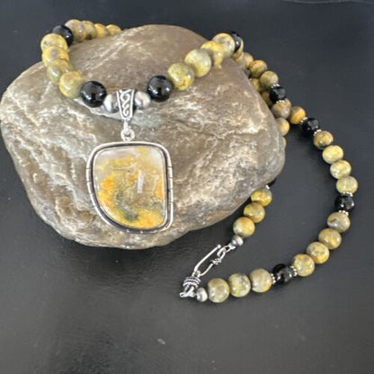 Navajo Bumblebee Jasper Pendant Necklace | Sterling Silver | Native American Handmade | 16015