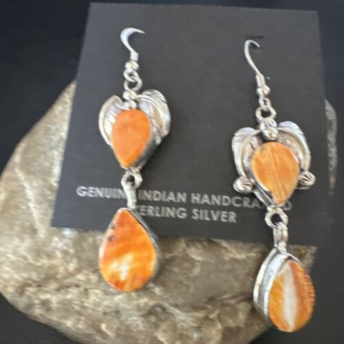 Navajo Orange Spiny Oyster Dangle Earrings | Sterling Silver | 1.5" | Authentic Native American Handmade | 16569