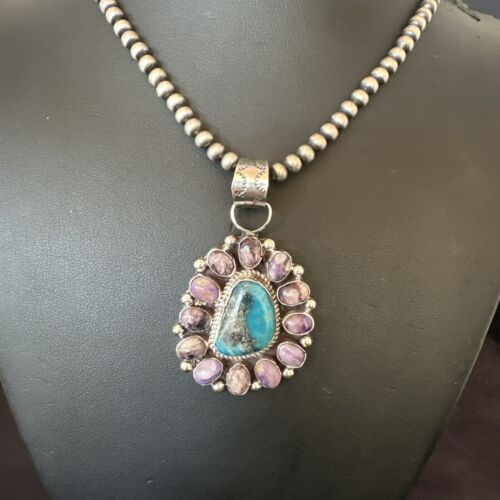 Purple Charoite Turquoise Pendant | Navajo Pearls | Sterling Silver Necklace 21" | Multi-Stone 17190