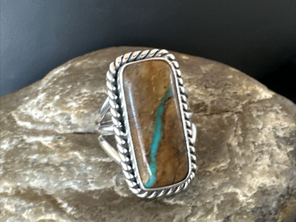 Navajo Ribbon Boulder Green Turquoise Ring | Sterling Silver | Sz 8.5 | Authentic Native American Handmade | 16386