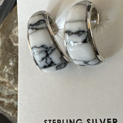 Navajo White Buffalo Turquoise Inlay Earrings | Sterling Silver | 0.5" | 16742