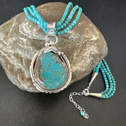Navajo Blue Turquoise Pendant | Sterling Silver 3-Strand Bead Necklace | 17" | Authentic Native American Handmade | 15997