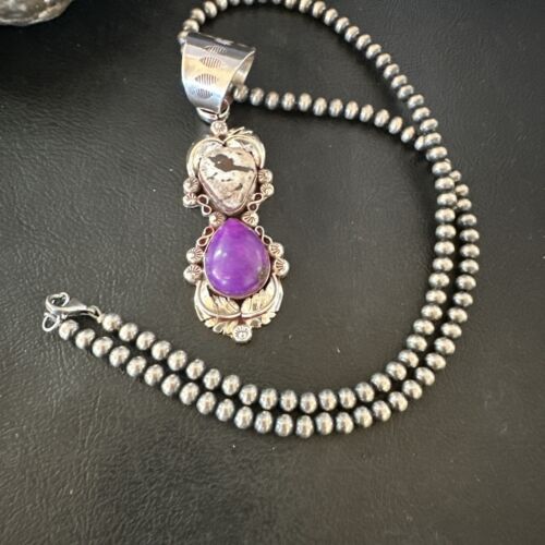 Navajo Pearls Pendant | Sterling Silver | White Buffalo Turquoise & Sugilite | Multi-Stone | 16872
