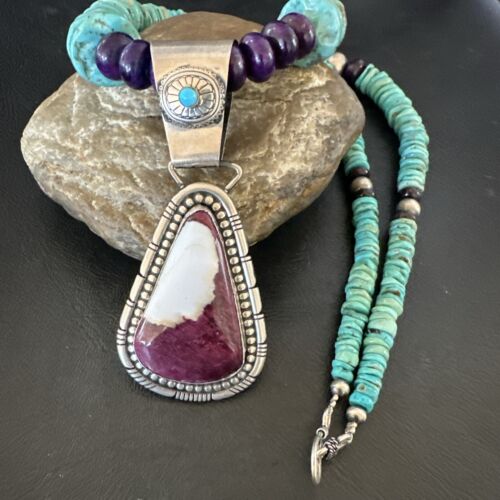 Navajo XL Turquoise Purple Spiny Oyster Pendant Necklace | Sterling Silver | Authentic Native American Handmade | 25" | 17464