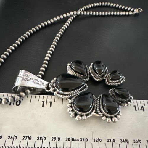 Navajo Men's Black Onyx Naja Pendant Necklace | Sterling Silver Pearls | Authentic Native American Handmade | 16808