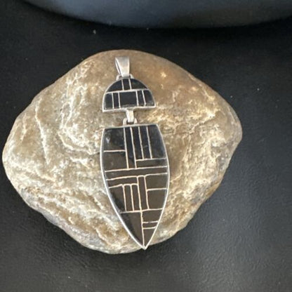 Navajo Sterling Silver Pendant with Black Onyx Inlay | Authentic Native American Handmade | 3" | 15174