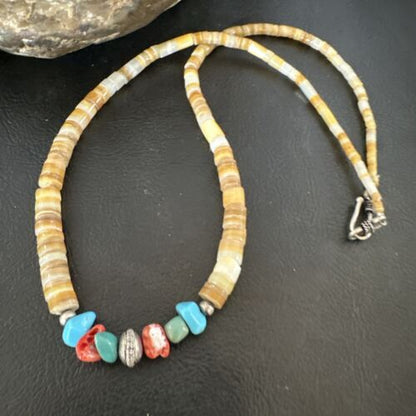 Authentic Native American Santo Domingo Shell Red Coral Blue Turquoise Onyx Necklace | 18" | 16946