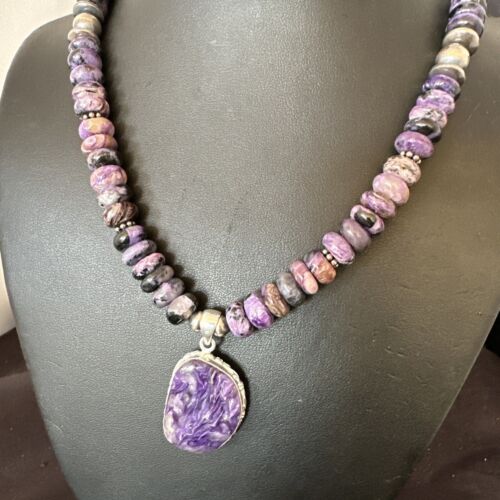 Navajo Purple Charoite Pendant with Pearls | Sterling Silver Necklace | Authentic Native American Handmade | 16337