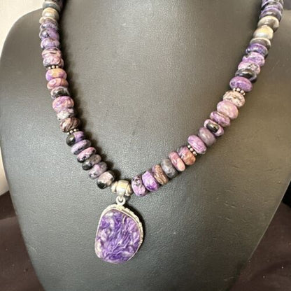 Navajo Purple Charoite Pendant with Pearls | Sterling Silver Necklace | Authentic Native American Handmade | 16337