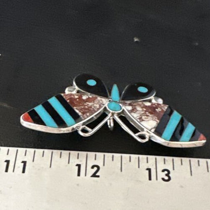 Zuni Butterfly Wild Horse Turquoise Onyx Inlay Pin Pendant | Sterling Silver | Authentic Native American Handmade | 15152