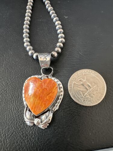 Navajo Orange Spiny Oyster Heart Pendant Necklace | Sterling Silver | Authentic Native American Handmade | 16414