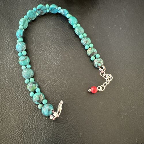 Navajo Blue Turquoise Bead Bracelet | Sterling Silver Link | 8" | Authentic Native American Handmade | 17230