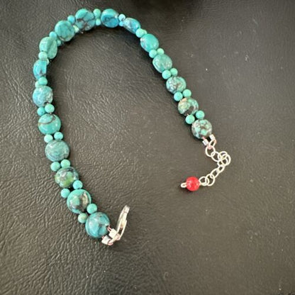 Navajo Blue Turquoise Bead Bracelet | Sterling Silver Link | 8" | Authentic Native American Handmade | 17230