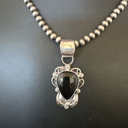 Navajo Pearls Black Onyx Necklace Pendant | Sterling Silver | Authentic Native American Handmade | 16532