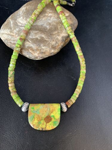 Navajo Green Gaspeite Turquoise Pendant | Sterling Silver | Authentic Native American Handmade | 13772