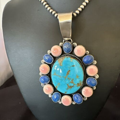 Navajo Multi-Stone Necklace | Lapis, Pink, Blue Turquoise | Sterling Silver | 17456