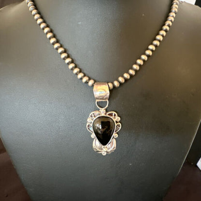 Navajo Pearls Black Onyx Necklace Pendant | Sterling Silver | Authentic Native American Handmade | 16532
