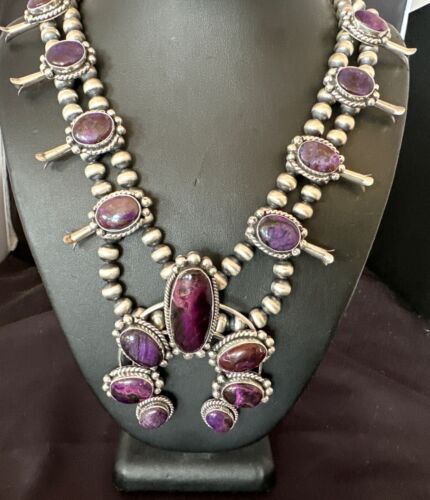 Navajo Purple Sugilite Squash Blossom Naja Pendant | Sterling Silver | Native American Handmade | 17206