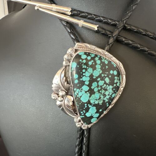 Men's Blue Spiderweb Turquoise Bolo Tie | Navajo Sterling Silver | Authentic Native American Handmade | 15011