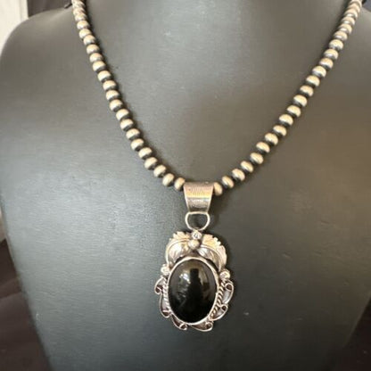 Native American Men's Pendant | Navajo Pearls | Sterling Silver Black Onyx Necklace | 16128