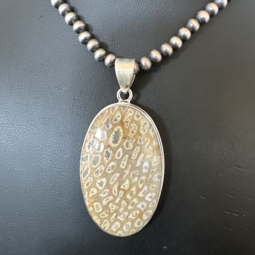 Navajo Champagne Fossil Coral Pendant Necklace | Sterling Silver Beads | Native American Handmade | 16371