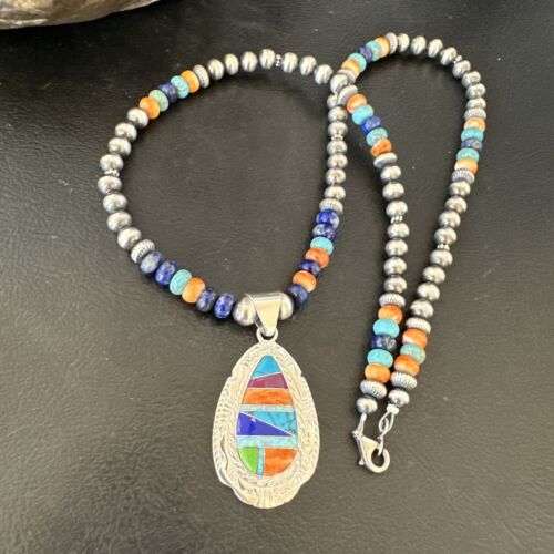 Navajo Spiny Oyster Turquoise Lapis Inlay Pendant Necklace | Sterling Silver | 21" | Authentic Native American Handmade | 16629