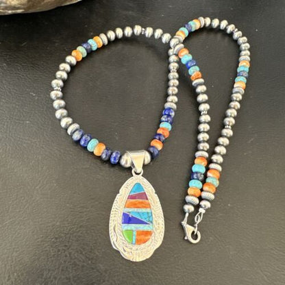 Navajo Spiny Oyster Turquoise Lapis Inlay Pendant Necklace | Sterling Silver | 21" | Authentic Native American Handmade | 16629