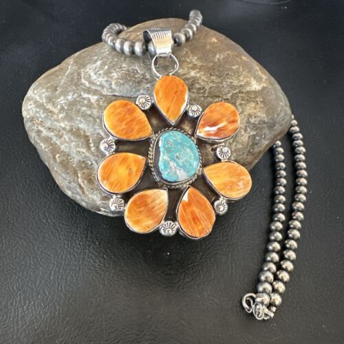 Navajo Blue Turquoise | Spiny Oyster Pendant Necklace | Sterling Silver | Multi-Stone | 16861