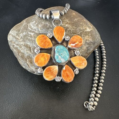 Navajo Blue Turquoise | Spiny Oyster Pendant Necklace | Sterling Silver | Multi-Stone | 16861