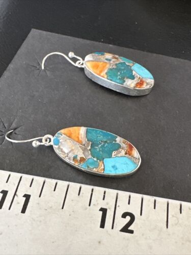 Navajo Blue Turquoise & Orange Spiny Oyster Inlay Dangle Earrings | Sterling Silver | 15586