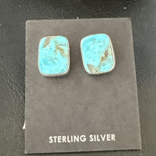 Navajo Blue Kingman Turquoise Post Stud Earrings | Sterling Silver | Authentic Native American Handmade | 17410