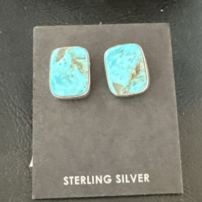 Navajo Blue Kingman Turquoise Post Stud Earrings | Sterling Silver | Authentic Native American Handmade | 17410