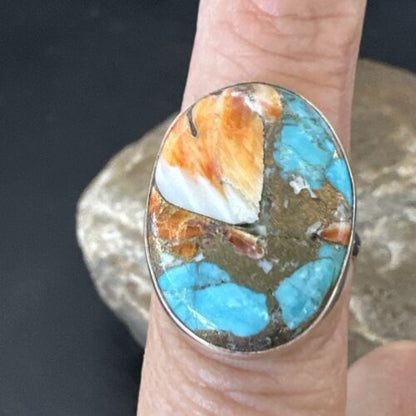Navajo Turquoise Spiny Oyster Ring | Sterling Silver | Sz 8 | Authentic Native American Handmade | 16622