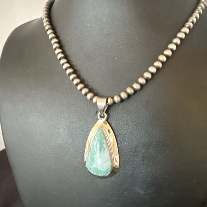 Navajo Blue Larimar Pendant Necklace | Sterling Silver Beads | Authentic Native American Handmade | 17564