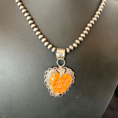 Navajo Orange Spiny Oyster Heart Pendant Necklace | Sterling Silver | Authentic Native American Handmade | 16294 - Masha USA