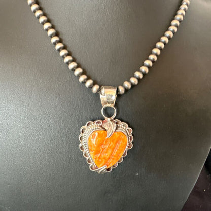 Navajo Orange Spiny Oyster Heart Pendant Necklace | Sterling Silver | Authentic Native American Handmade | 16294 - Masha USA