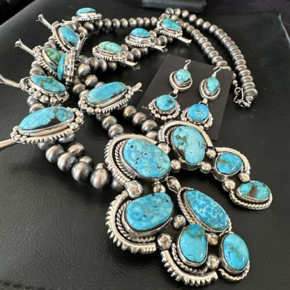 Navajo Ultra Rare Sonoran Mountain Blue Turquoise Squash Blossom Necklace Set | Sterling Silver | 17209