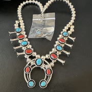 Navajo Shadowbox Coral Kingman Turquoise Squash Blossom Necklace | Sterling Silver | 17" | 16113