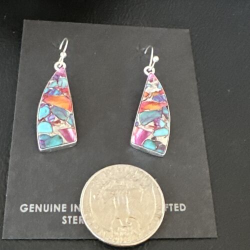 Navajo Blue Turquoise Red Spiny Oyster Inlay Dangle Earrings | Sterling Silver | 15575