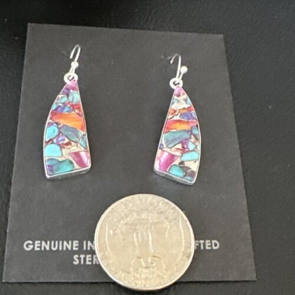 Navajo Blue Turquoise Red Spiny Oyster Inlay Dangle Earrings | Sterling Silver | 15575