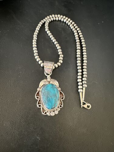 Navajo Pearls Blue Turquoise Necklace Pendant | Sterling Silver | Authentic Native American Handmade | 14882