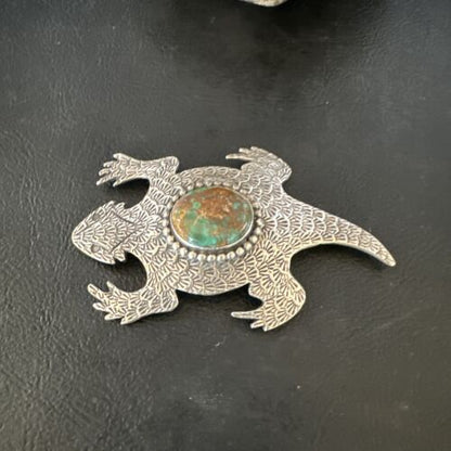 Navajo Royston Green Turquoise Horny Toad Pin | Handmade Stamped | Authentic Native American | LC 15496