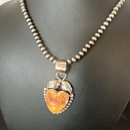 Navajo Orange Spiny Oyster Heart Pendant Necklace | Sterling Silver | Authentic Native American Handmade | 16551