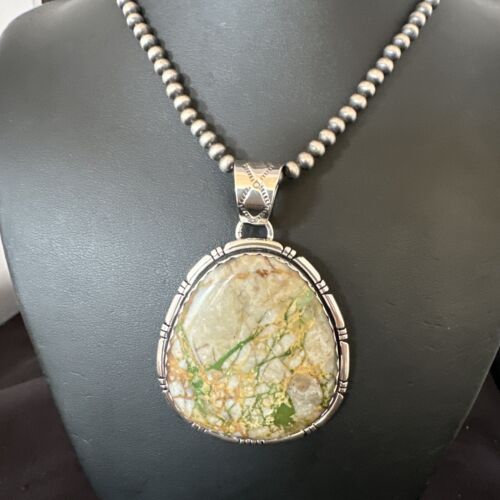 Navajo Sterling Silver Green Boulder Turquoise Necklace Pendant for Men | XL | Authentic Native American | 16365