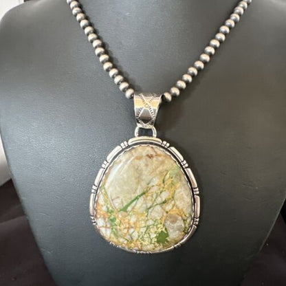 Navajo Sterling Silver Green Boulder Turquoise Necklace Pendant for Men | XL | Authentic Native American | 16365