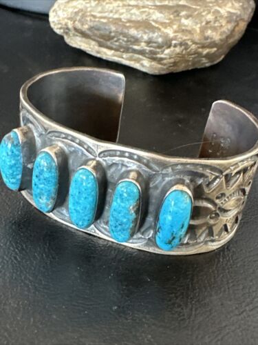 XL Men's Kingman Turquoise 5 Stone Cuff Bracelet | Navajo Sterling Silver | Authentic Native American Handmade | 15858
