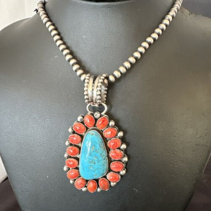 Navajo Turquoise Spiny Oyster Cluster Pendant Necklace | Sterling Silver | Native American Handmade | 17152