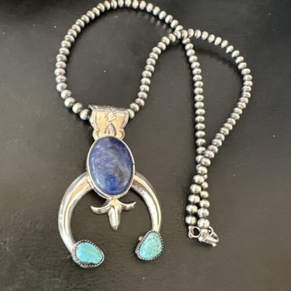 Blue Turquoise Lapis Lazuli Naja Pendant | Navajo Sterling Silver | Authentic Native American Handmade | 16412