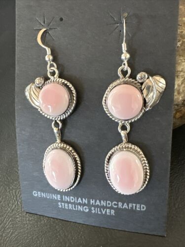 Navajo Pink Conch Shell Dangle Earrings | Sterling Silver | Authentic Native American Handmade | 17194