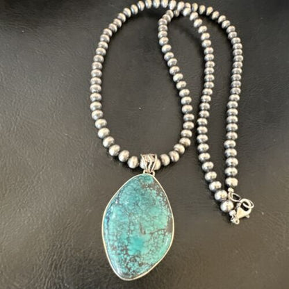 Men's Navajo Blue Spiderweb Turquoise Pendant Necklace | Sterling Silver | Authentic Native American Handmade | 16271